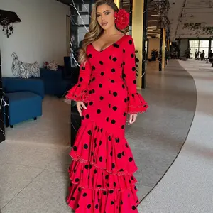 Women's Polka Dot Multi-Layer Slim-Fit Long Dress