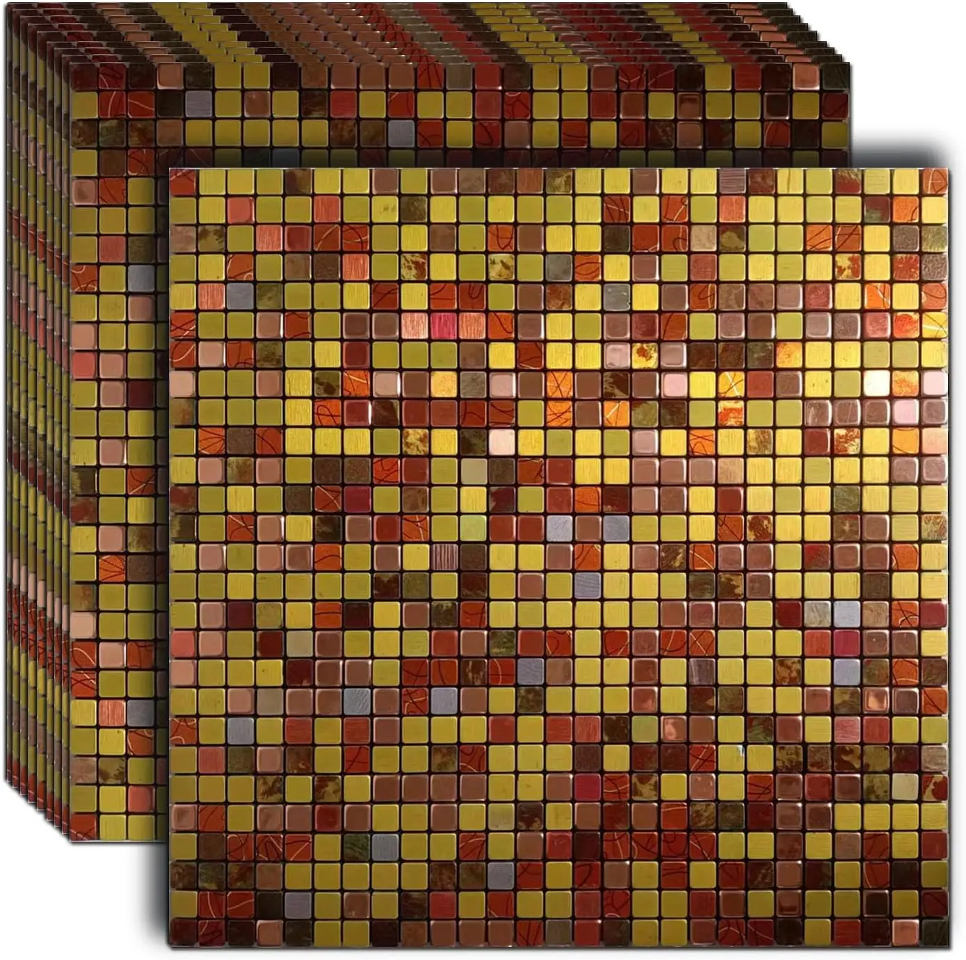 10-Sheet Synthetic Self-Adhesive Peel and Stick Geometric Mosaic Pattern Wall Sticker Backsplash Tile, 12" x 12" Gold-Red Printing, Heat Resistant for Kitchen & Bathroom Vanities, Ideal for DIY Users