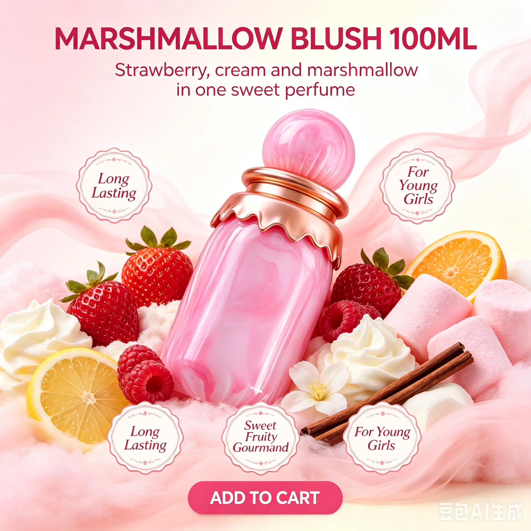 Marshmallow Blush Fragrance 3.4 fl oz (100ml), Long Lasting Fruity Cream Body Mist, Natural Strawberry Raspberry Lemon & Cream Warm Gourmand Scent Spray, Pink Marbled Decorative Bottle Mist for Women & Teen Girls