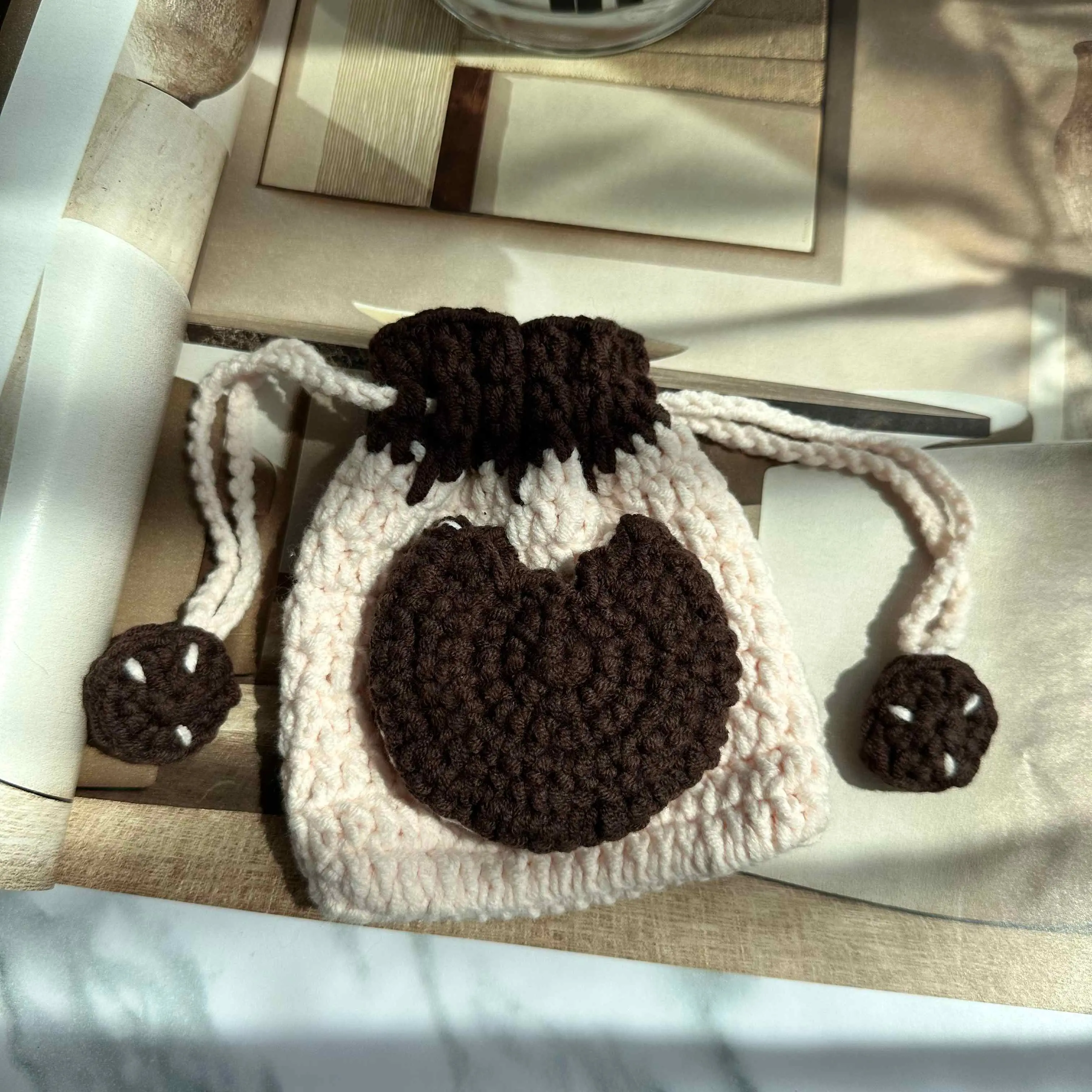 Women's Cookie Shape Crocheted Texture Drawstring Coin Purse - Handmade Small Item Storage (Luggage & Bags, Women's Crossbody & Shoulder Bags Category)