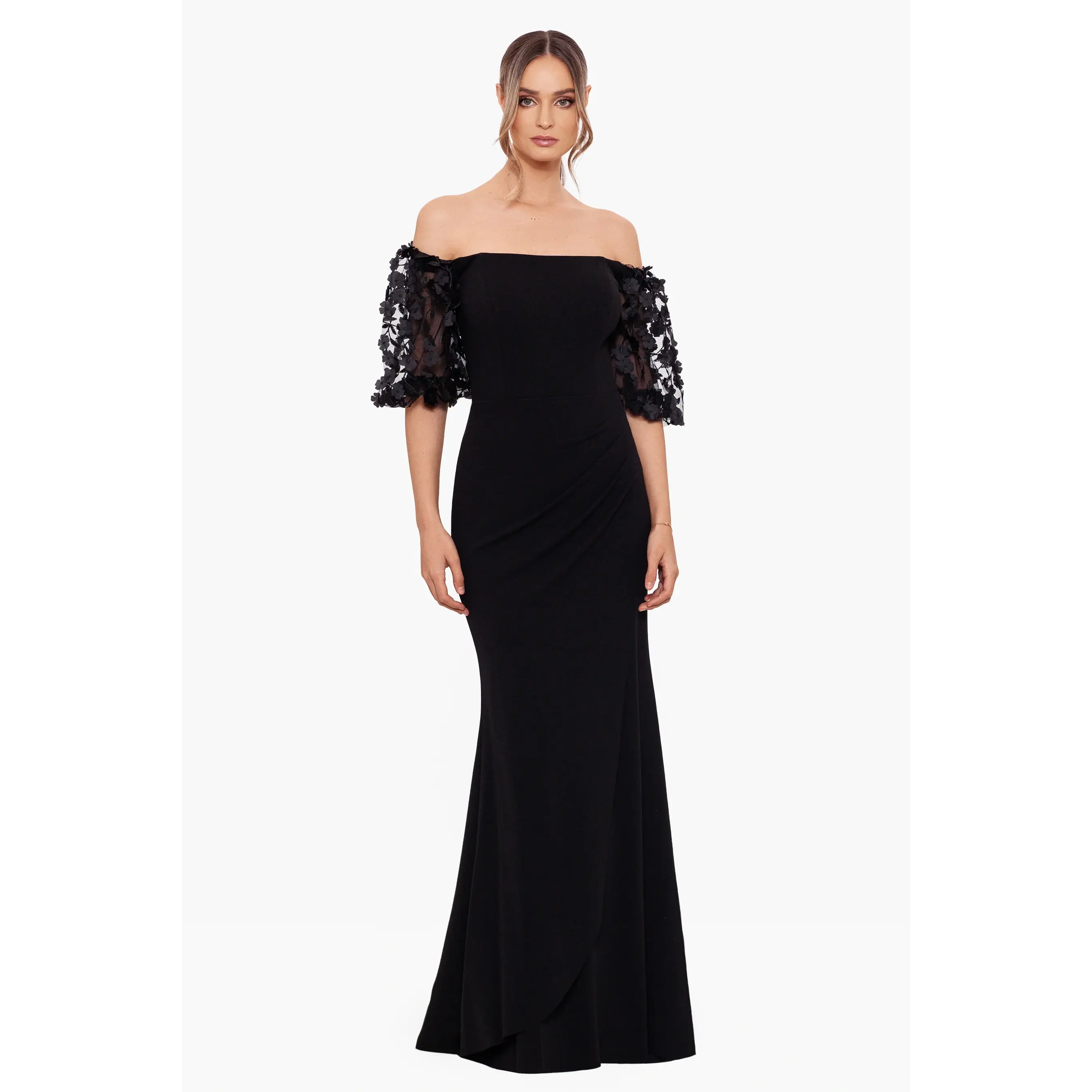 Xscape Evenings "Melanie" 3D Floral Sleeve Scuba Crepe Gown 3720X