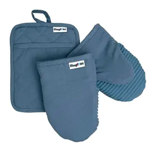 MagMitt Magnetic Oven Mitts - 3 Piece Set (Blue Steel) - 2 MagMitts & 1 MagPad - Heavyweight Cotton Canvas Flexible Silicone Grips Heat Protection Kitchen Essentials