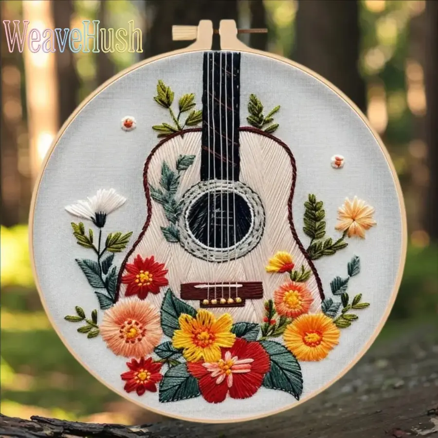 Embroidery Kit for Beginners and Adults, Creative Floral Guitar Pattern DIY Stitching Set, Complete with Fabric, Materials, and English Instruction Guide