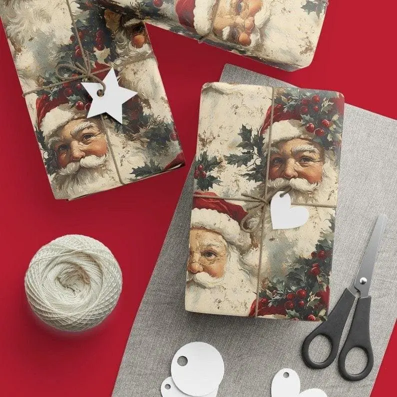 Vintage Santa Wrapping Paper Christmas Gift Wrap Antique Christmas Paper Santa Claus Gift Wrap Holiday Traditional Xmas Festive Paper Rolls