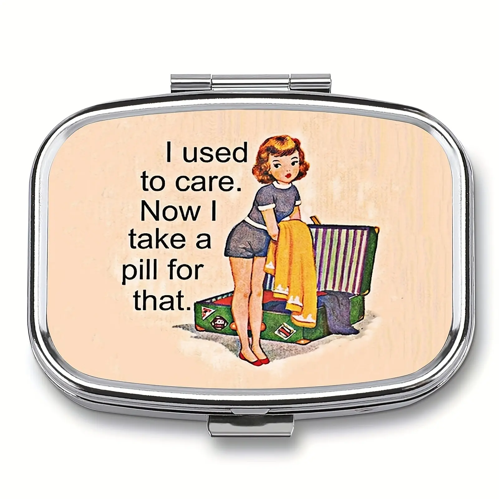 Vintage Comic Art Medicine Box Dual Compartment with Mirror, Portable Travel Pill Organizer, Daily Storage, Medical Organizer, Portable Vitamin Organizer, Supplement Organizer, Food Grade Abs/metal Design, Humorous Illustration