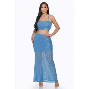 Sexy Back Sequin Maxi Skirt Set