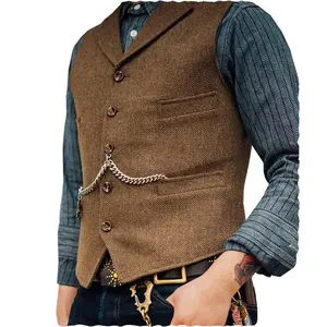 Mens Classic Cowboy Single Breasted Tweed Herringbone V-Neck Suit Vest Wool-Polyester Blend Steampunk Fashion Ideal for Vintage Outfits Business
