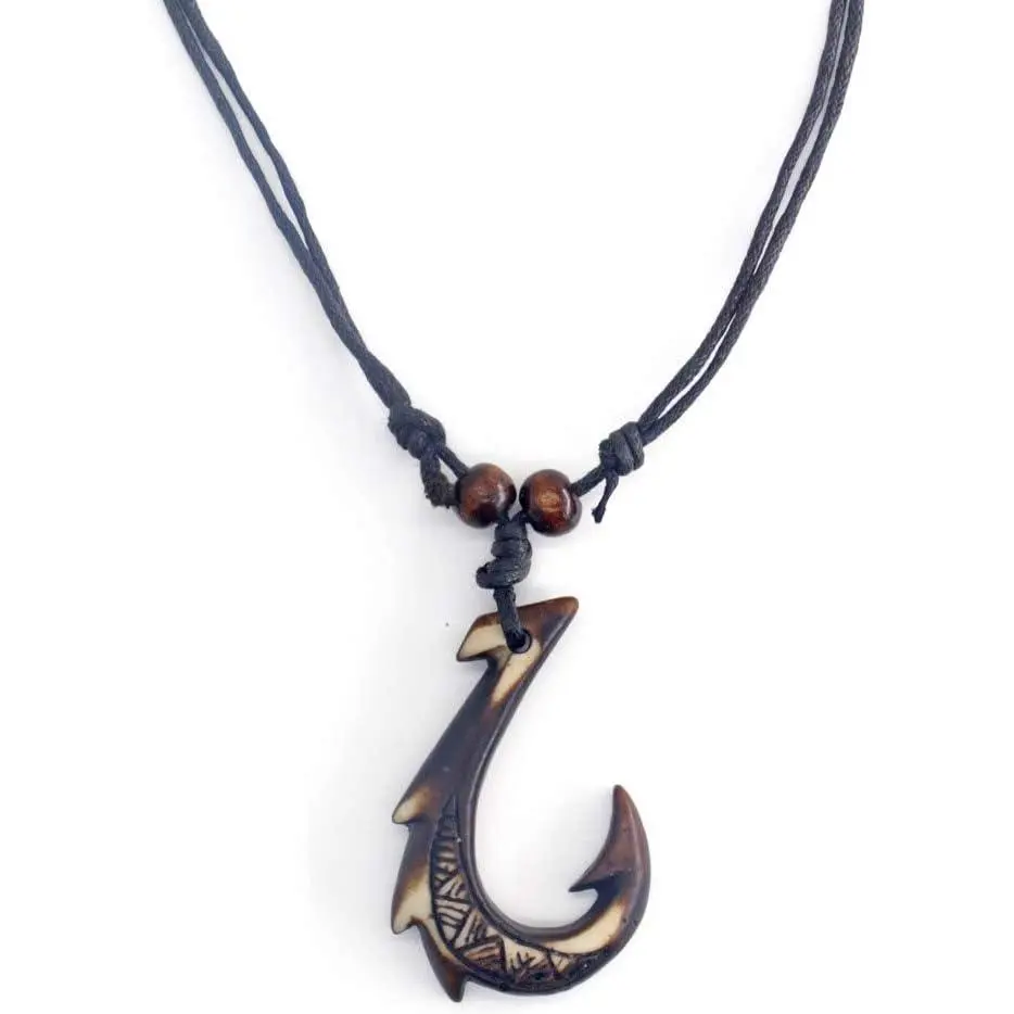 Hawaiian Fish Hook Pendant Hemp Cord Adjustable Chain - Maori Tribal Necklace