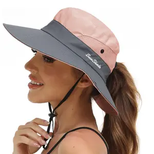 Women's Summer Sun-Hat Ponytail - Outdoor Sports UV-Protection Mesh Wide Brim Foldable Hat with Ponytail Hole Adjustable Protective Cap