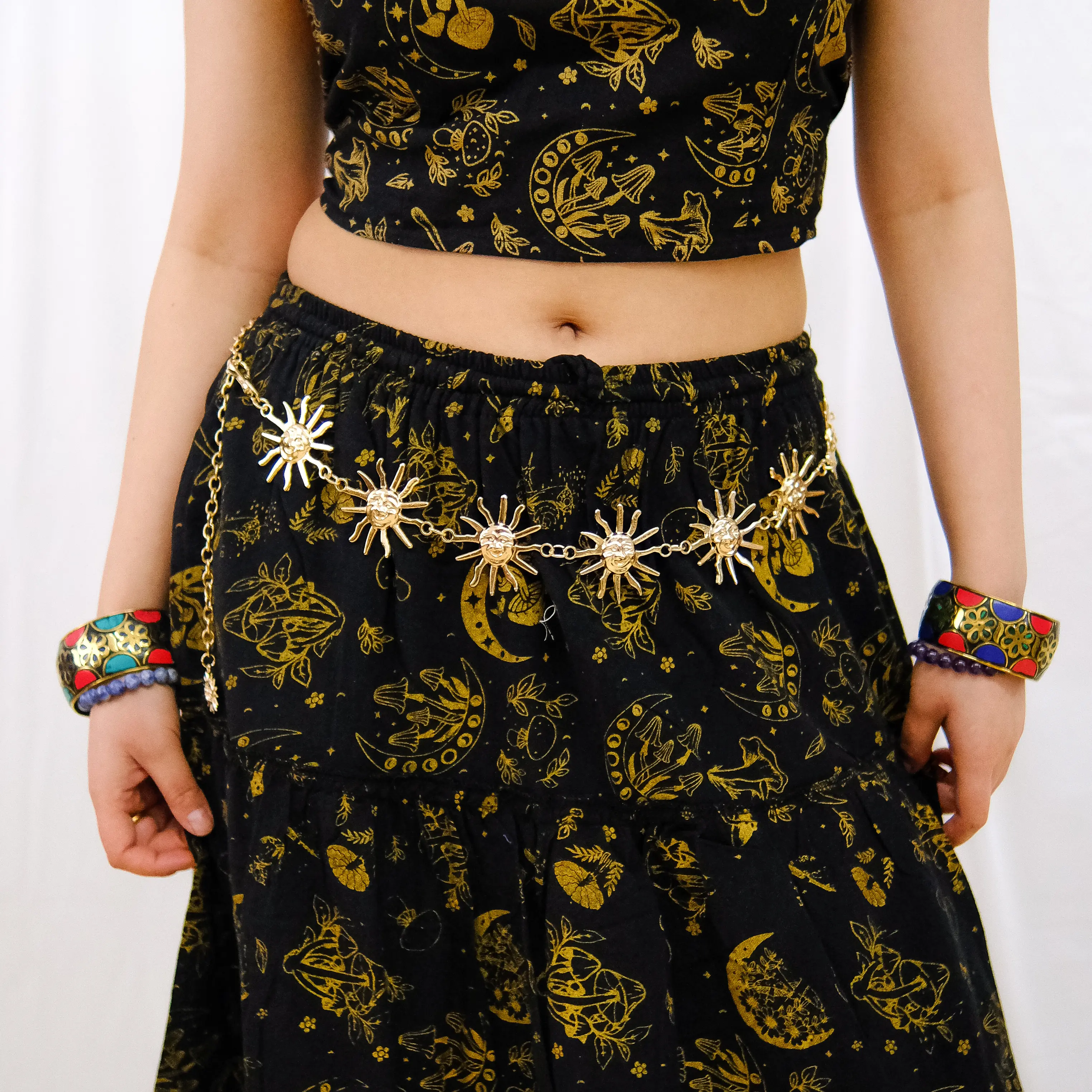Celestial Chain Belt, Wicca Whimsical Waist, Belt, Costume Jewelry,  Crescent Moon Sun Belts, Hippie Boho Belts, Vintage Witch Belt