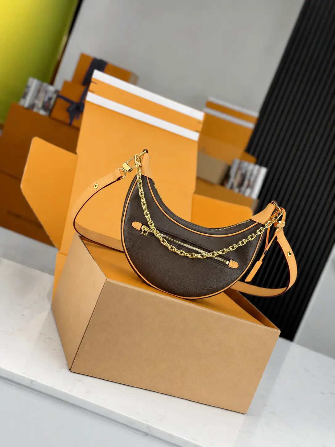 Women's Crescent Hobo Shoulder Bag, Brown Crossbody Purse with Zip Closure, Adjustable Strap and Chain Accent, Slip On