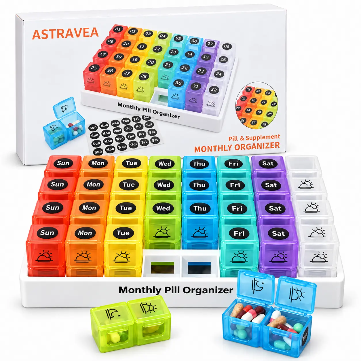 ASTRAVEA  Monthly Pill Organizer 2 Times a Day - 31 Day Pill Box AM PM, 31 Day Pop Out Pill Pods, Rainbow、Black