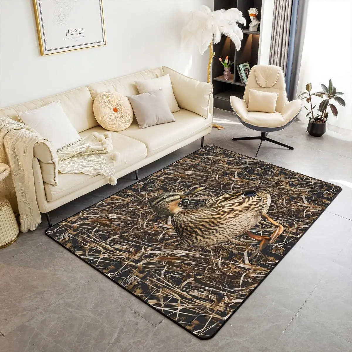Kids Mallard Duck Area Rug Wild Duck Rugs for Living Room Bedroom for Boys Teens Decor Camouflage Grass Military Style Tree Branches Camo Decorative Carpet Botanic Indoor Floor Mat