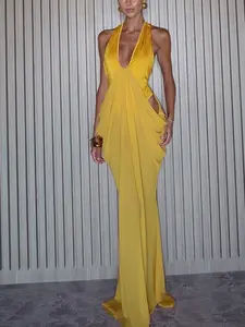 Women's Fashion Deep V Sleeveless Sexy Pleated Waist Dress, Long Slim-Fitting Plain Design, Chic Elegant Evening Gown for Special Occasions
