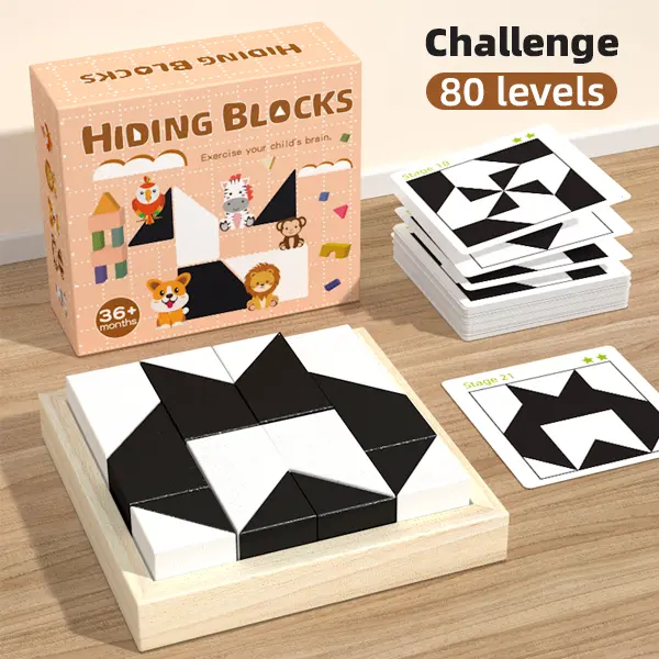 Wooden Hidden Block Puzzle Black White Hiding Blocks Montessori Educational Brain Teaser Toy for Kids Spatial Logical Thinking Training Parent-Child Desktop Game