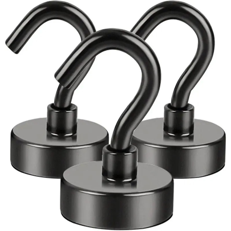 DIYMAG Black Magnetic Utility Hooks, 30Lbs Heavy Duty Rare Earth Neodymium Magnet Hooks with Nickel Coating for Kitchen, Classroom etc, Pack of 3
