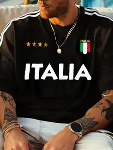 Men's Italy National Team Black Football Jersey, 4-Star Print T-Shirt, Streetwear Style, For Fans And Fashion Look