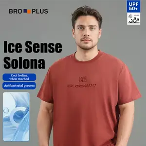 BRO PLUS Ice Sense Solona Men's Short Sleeve T-Shirt for Summer 3D Embossed UPF 50+ Antibacterial Fashion for Overweight Men Cool Feeling When Touched