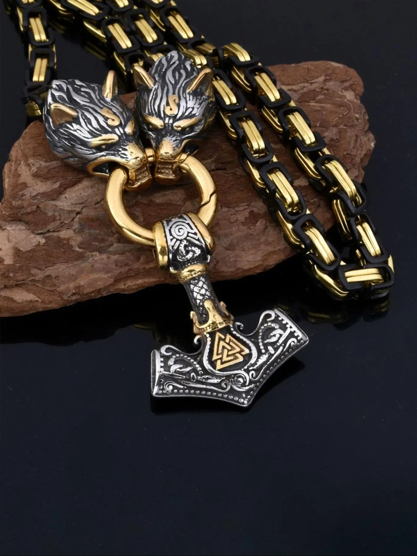 Vintage Viking Style Wolf Head & Hammer Design Pendant Necklace, Stainless Steel Chain Necklace, Cuban Link Necklace, Fashion Jewelry Accessories for Men & Women, Costume Jewelry Necklace