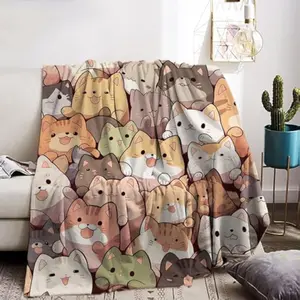 Flannel Cat Print Blanket 150x200cm - Super Soft 280GSM Flannel Throw, Cute Animal Design Cozy Warm Bedding for Winter, Couch, Gift