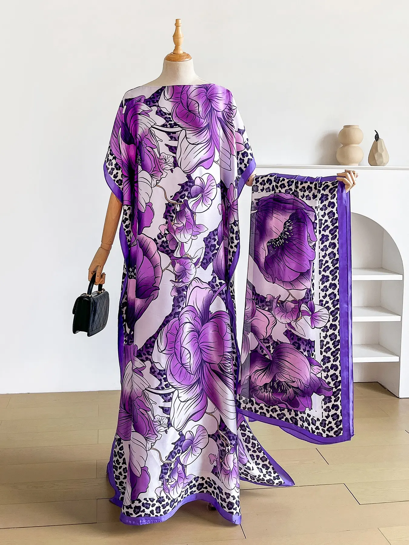 Elegant Floral Print Robe Set, Long Dress with Headscarf, Sun Protection Silk Scarf, Women's Beachwear, Beach Coverup, Stylish Summer
