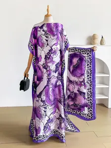 Elegant Floral Print Robe Set, Long Dress with Headscarf, Sun Protection Silk Scarf, Women's Beachwear, Beach Coverup, Stylish Summer