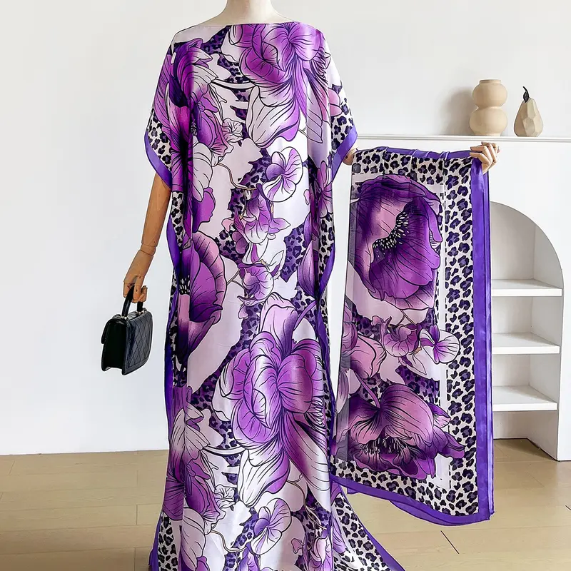 Elegant Floral Print Robe Set, Long Dress with Headscarf, Sun Protection Silk Scarf, Women's Beachwear, Beach Coverup, Stylish Summer, Beach Cover Ups