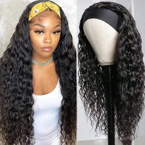 Bling Hair Headband Wig Deep Wave Human Hair For Women Glueless Short Curly Wig Full Machine Made Non Lace Glueless Brazilian Remy Hair #SummerVibes