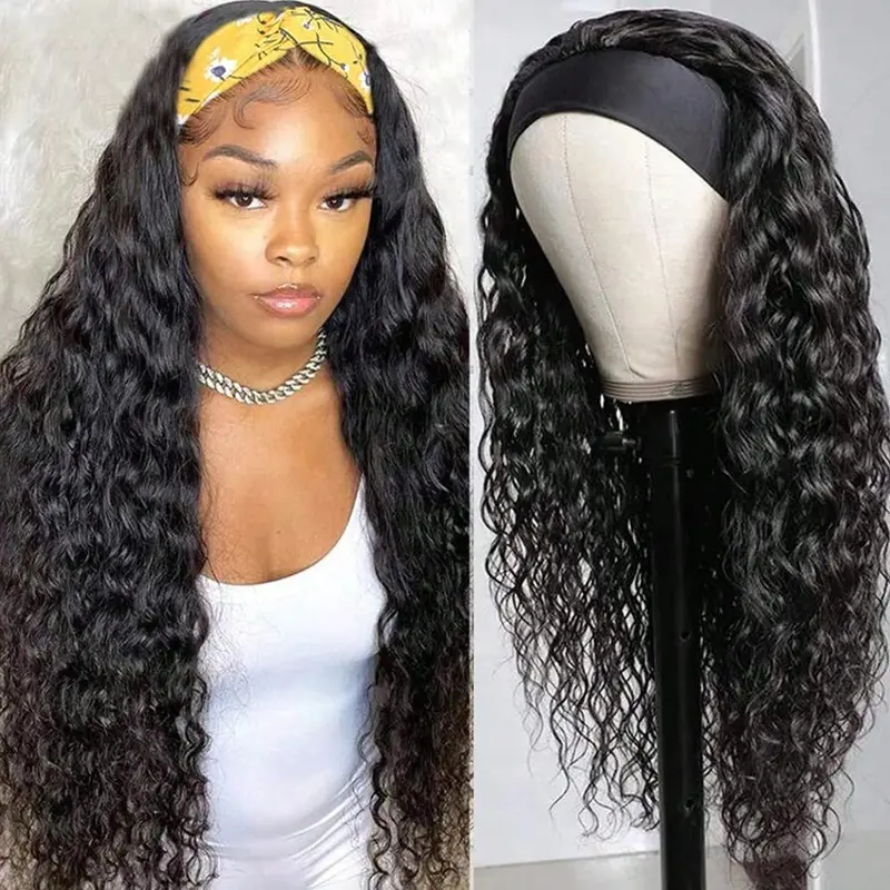Bling Hair Headband Wig Deep Wave Human Hair For Women Glueless Short Curly Wig Full Machine Made Non Lace Glueless Brazilian Remy Hair #SummerVibes