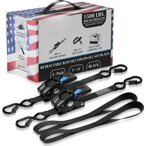 Retractable Ratchet Straps (2PK) 1in x 6ft - 1,500lb Break Strength, Heavy Duty Tie Down Automatic Self Ratcheting Strap Downs Push Button Retracting for , Trailer, |   Black