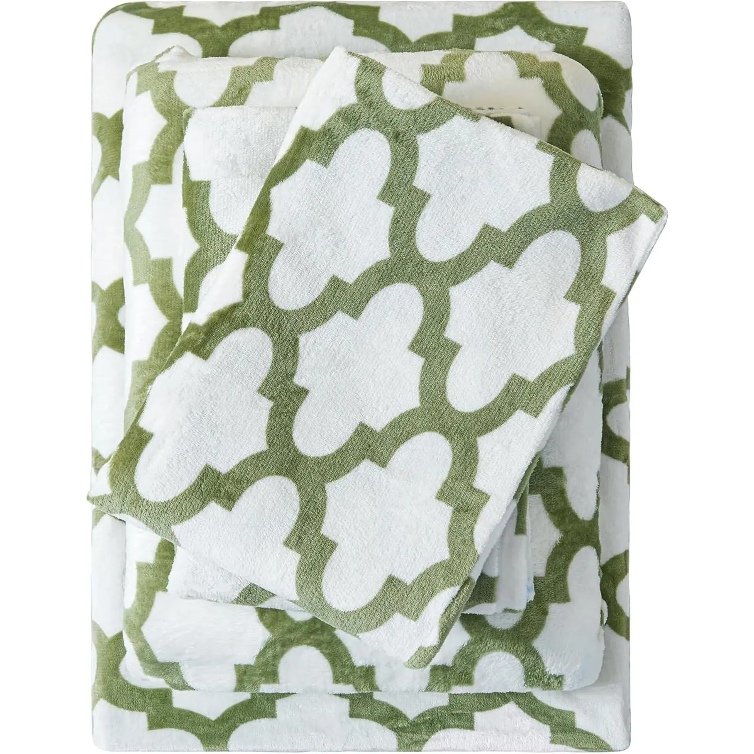 Soft Queen Size Fleece Plush Micro Sheet Set - Green Quatrefoil Fuzzy Polar Velour, Wrinkle Resistant, Breathable, Fade Resistant, 15 in Deep Pocket, Machine Washable, Extra Warm for Winter