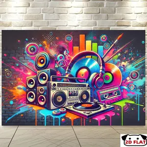 2D Flat Banner 1pc, Vibrant Music - Themed Backdrop Banner,   – Colorful Graffiti Design Turntables & Speakers, Perfect Parties, Photography Studios, Indoor/Outdoor Use, No Electricity Needed