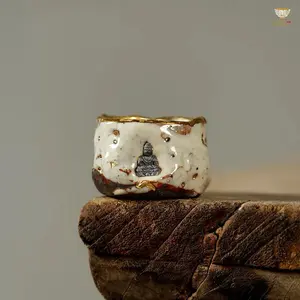Artisan Gongfu Teacup Set – Sculptural Square & Tripod Forms | White Crackle Glaze with Gold Accents | Contemporary Wabi-Sabi Aesthetic for Ceremonial Tea Moments | For Tea Enthusiasts