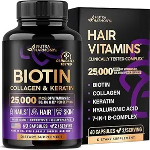 NUTRAHARMONY Biotin | Collagen | Hyaluronic Acid | Keratin - Support Normal Hair Growth Cycle - Skin & Nails - 25000mcg Vitamins B1, B2, B3, B6 & B7 - for Women & Men - Made in USA | 60 Capsules