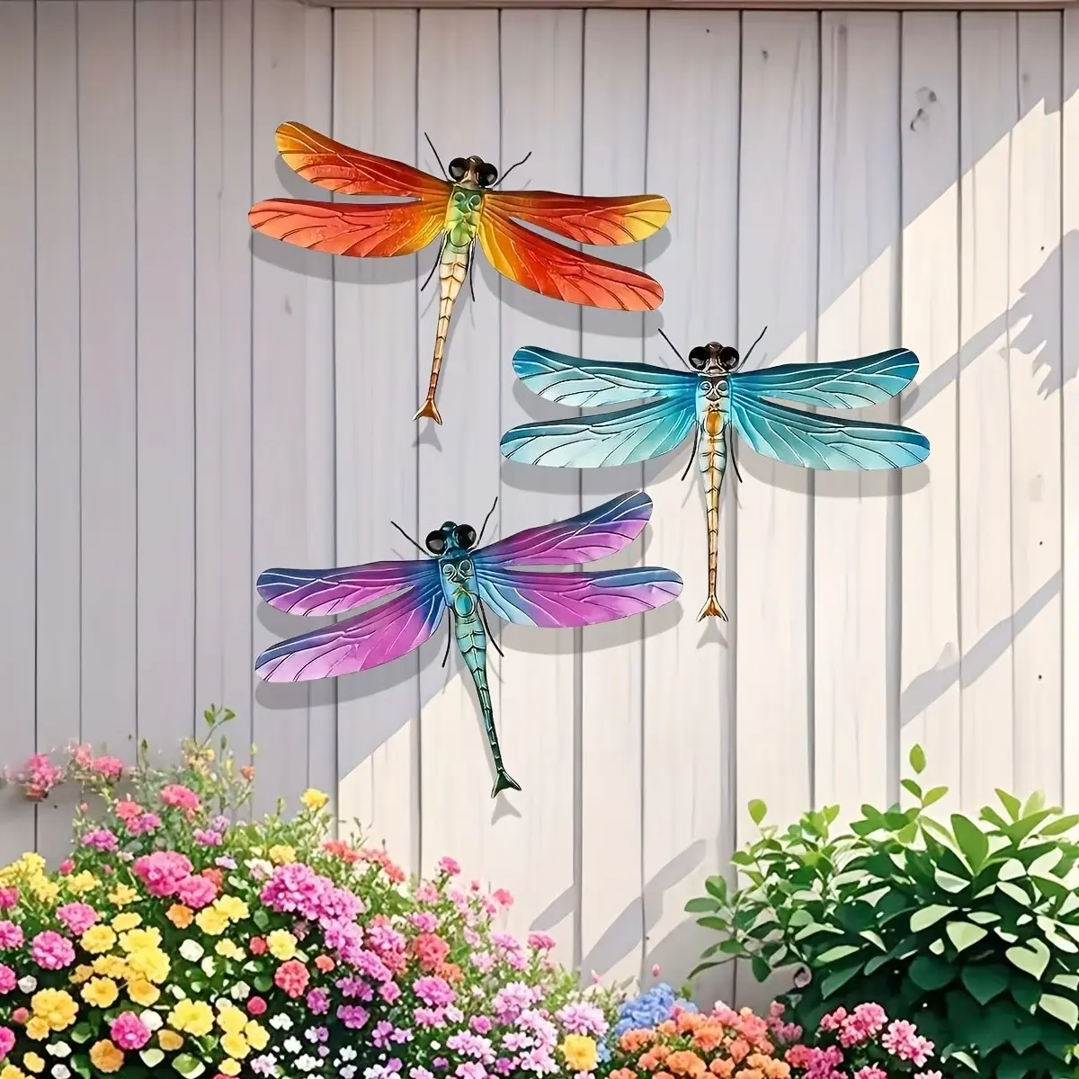Colorful Dragonfly Iron Wall Art, Wall Decoration, 3pcs Hanging Decor, Waterproof Outdoor Garden Ornament, Home Sculpture for Patio Yard