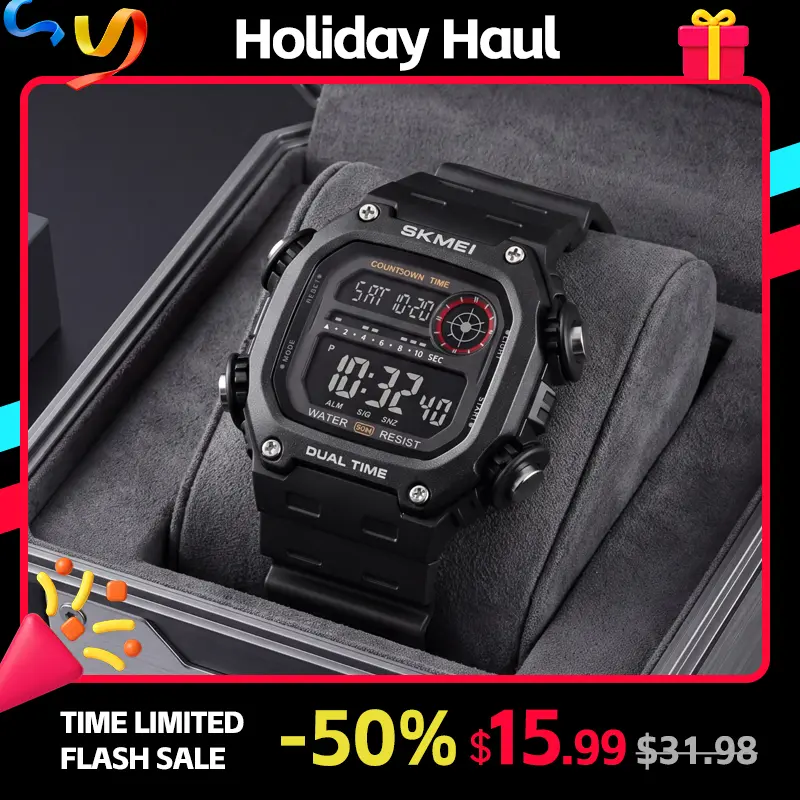 SKMEI Digital Sport Watch for Men - Luminous Waterproof ABS Rectangle Digital Watch, Big Polygonal LED Display, Dual Time, Stopwatch, Alarm, Calendar, Countdown Timer, Rugged TPU Band Sporty Wristwatch for Running, Outdoor Wear
