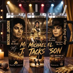 M.Jackson The King of Pop Tumbler 40oz with Handle, Dangerous Tour Bad 1988 World Tour Stainless Steel Cup, Heal The World Remember The Time Travel Mug with Straw, You Rock My World Gold Icon Merch, Retro Music Fan Gift for Him, Men