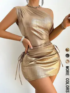 OFTHWD Women's Metallic One Shoulder Dress Elegant Slim Fit Asymmetrical Short Dress for Party   All Seasons Formal Evening Wear millie bobby brown  outfit Womenswear Fabric  outfit
