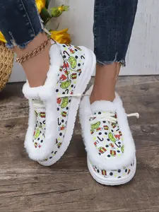 Women's Winter Warm Snowman Print Casual Shoes, Fleece Lined Ankle Boots, Cute Style Lace-Up Footwear for Fall & Winter, Rubber Sole Boots