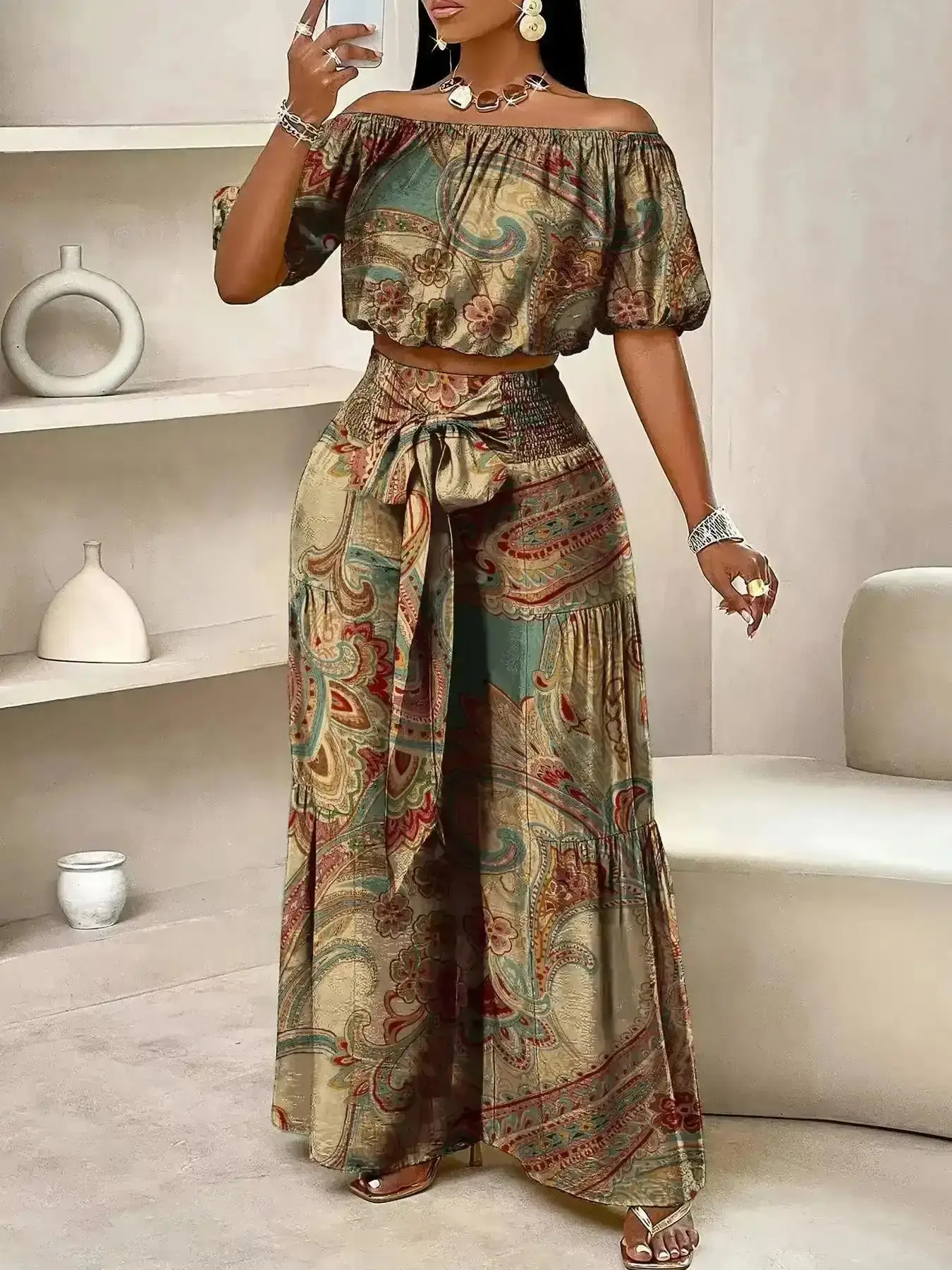 Women Summer Paisley Print Vintage Aesthetic Vacation Two Piece Set Off Shoulder Bubble Sleeve Crop Top High Waist Drawstring Wide Leg Pants 2026