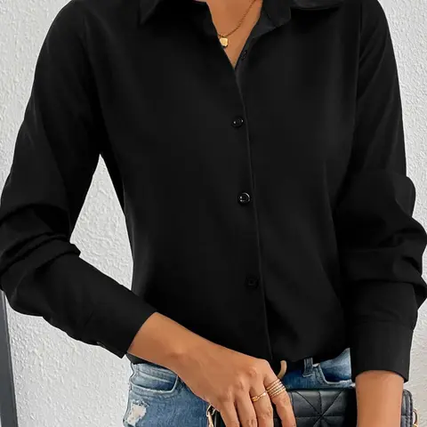 Women's Plain Button Front Collared Shirt Blouse, Button Up Basic, Elegant Slim Fit Long Sleeve Top for Work Office Business, Ladies Fall & Winter Clothes