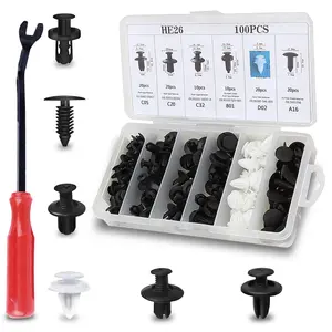 100 PCS Lower Hood Clips, Push Pins Clip Removal Tool Set, Automotive Bumper Clips, Shield Retainers Replacement, Car Tool Kit, Plastic Rivets with Fastener Remover, for Most Cars