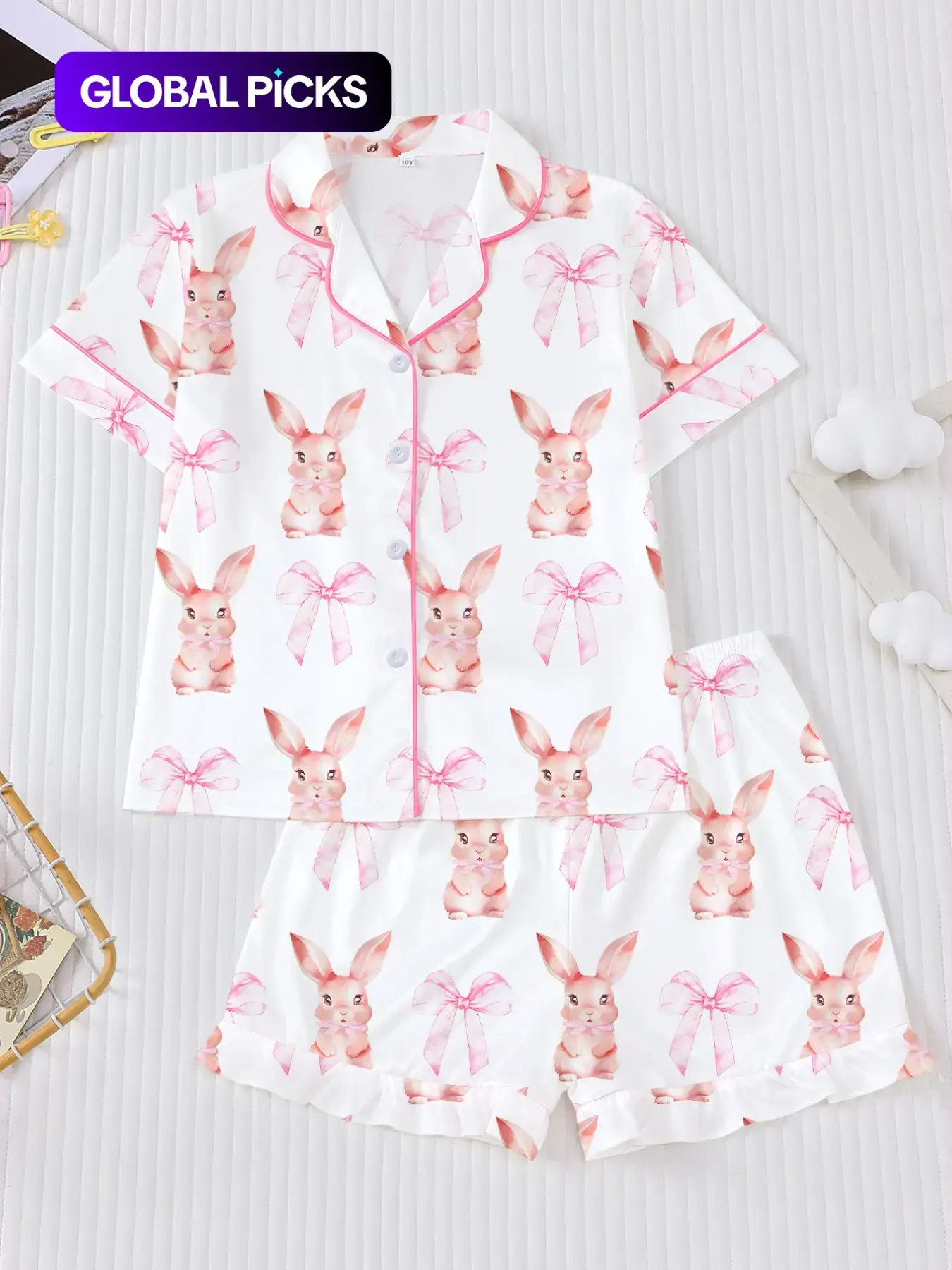 Easter Bunny Bow Collar Cardigan Set, Cute All over Print Short Sleeve Shirt and Elastic Waist Shorts, Comfortable Kids Homeewear Pajama Set, Pajama Pattern, Pajamas Sleepwear, Printed Sleepwear Set