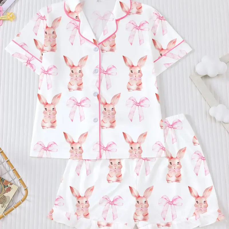 Easter Bunny Bow Collar Cardigan Set, Cute All over Print Short Sleeve Shirt and Elastic Waist Shorts, Comfortable Kids Homeewear Pajama Set, Pajama Pattern, Pajamas Sleepwear, Printed Sleepwear Set