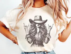 Western Cowgirl Graphic T-Shirt, Vintage Sketch Rock Hand Tee for Women, Rodeo Country Girl Aesthetic Shirt, Country Concert Outfit for Music Lovers