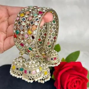 Multi Silver 3 Hanging Jumki Bracelets & Bangles Set with Colorful Stones and Pearl Details