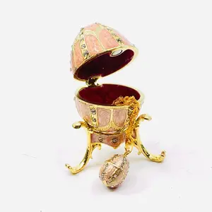 Bejeweled Enamel Trinket Box and Pendant 23, Pink Faberge Style Egg