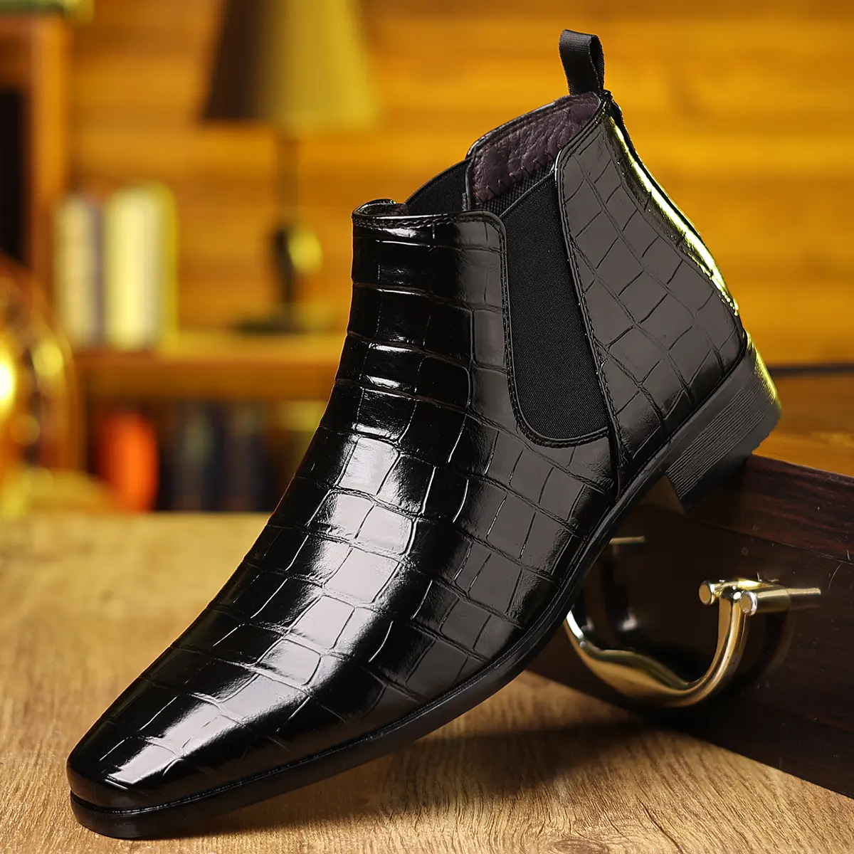Mens Fashion Crocodile Print Chelsea Boots Pull On Dress Ankle Boots Square Toe Casual Boots Chunky Heel Leather Boots For Work Prom Dating  Walking Shoes Footwear Comfort Rubber Boots leather  shoes  for  men