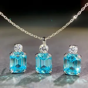 S925 Sterling Silver Necklace for Women with Aquamarine, Zircon, High Carbon Diamond Set, Simple Chain, Emerald Cut Pendant