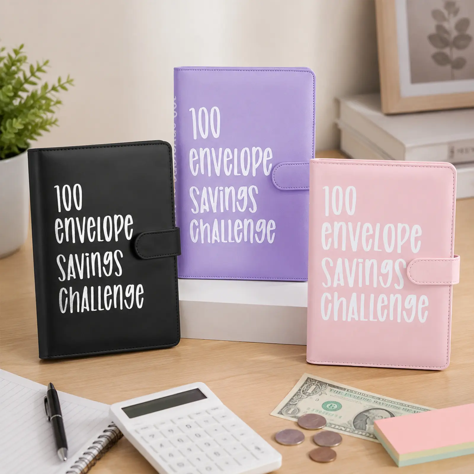 Envelopes Savings Challenge Binder, Pink/Black Budget Planner, Complete with Cash Envelopes